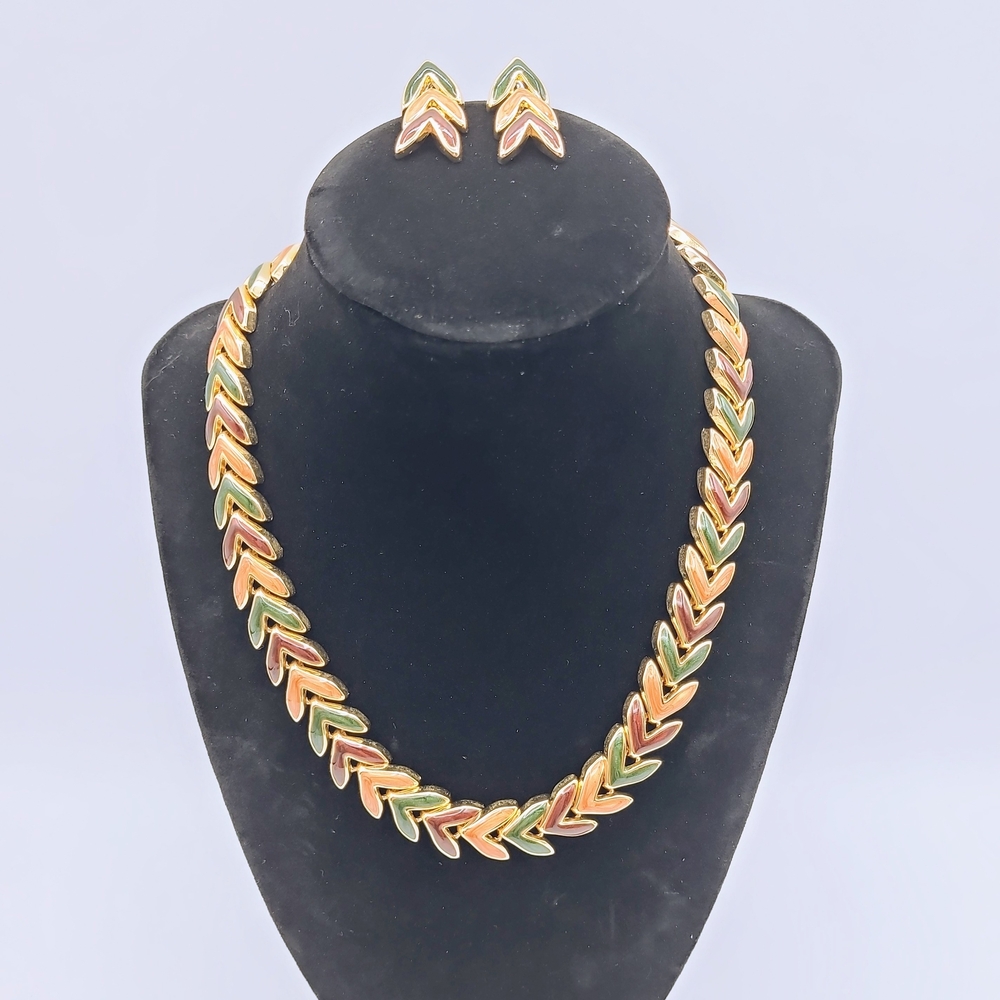 Vintage Multicolor Enamel Chevron Necklace Set Gold Tone
